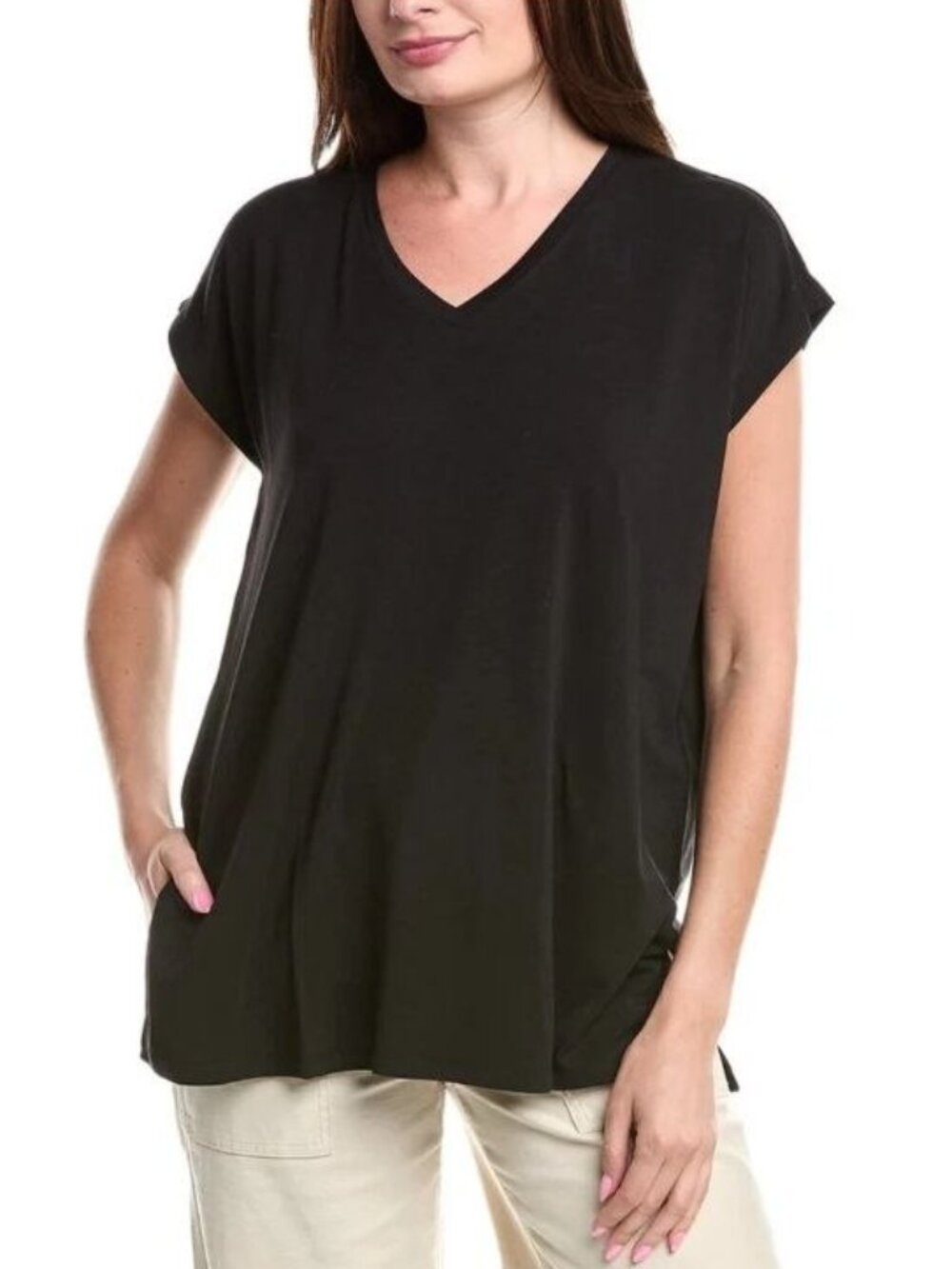 $98 Eileen Fisher V NECK Long Boxy Top Black Size XXS